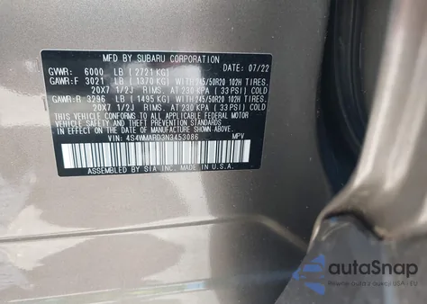 2022 Subaru Ascent Touring z USA, uszkodzony, nr VIN 4S4WMARD3N3453086